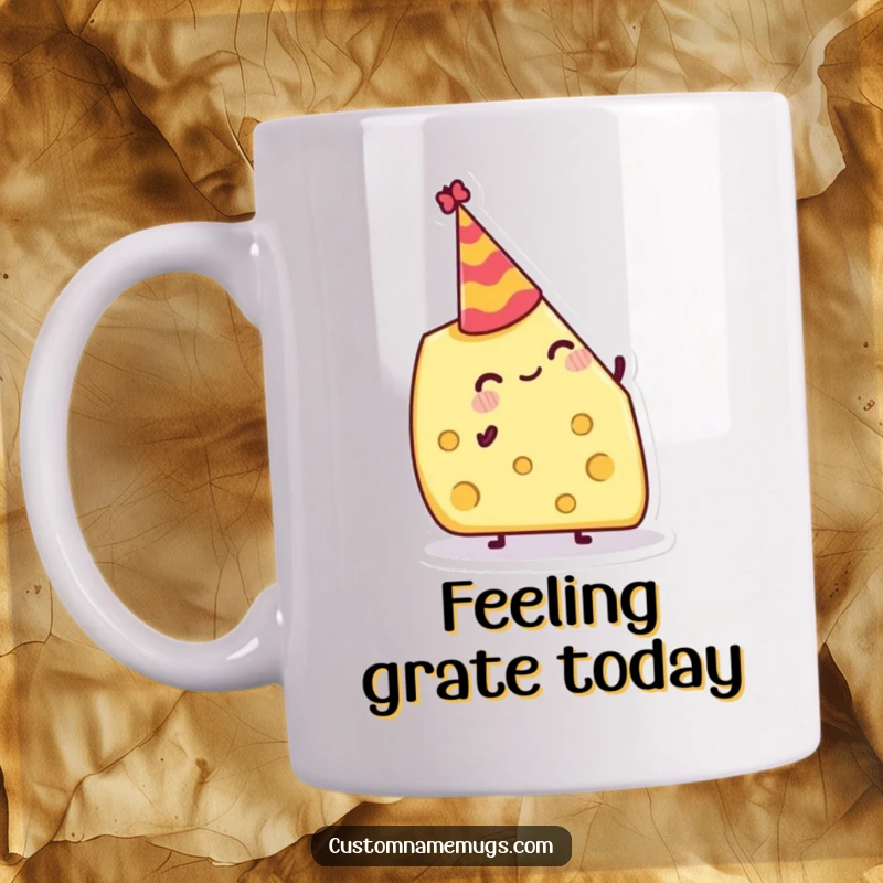 Funny Mug: Jolly cheese wedge attempting to balance a tiny party hat, radiating cheesy celebration.