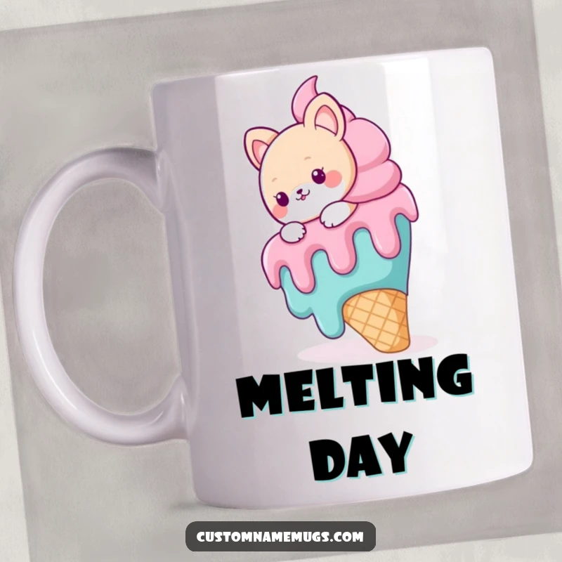 Funny coffee mug featuring a cute animal character hilariously slipping on a giant, melting ice cream cone, capturing sweet, sticky fun.