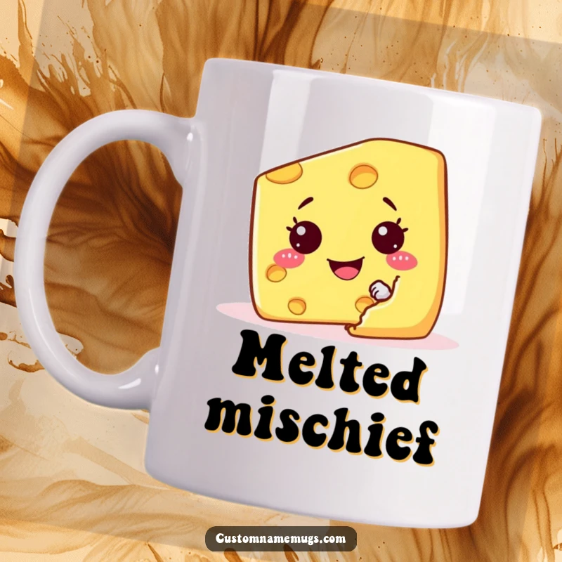 Funny mug featuring a mischievous cheese wedge character hiding behind a giant cracker with a cheeky grin.