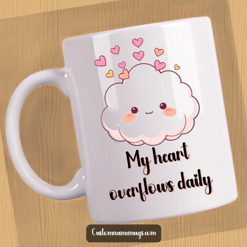 Funny Mug: Cute, fluffy cloud character playfully raining colorful hearts onto its own smiling head, spreading joy.