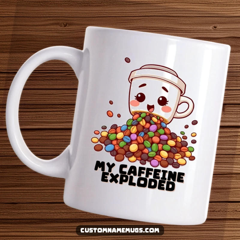 Funny mug showing a cute, clumsy coffee cup character spilling colorful beans, a whimsical and relatable coffee-lover's design.