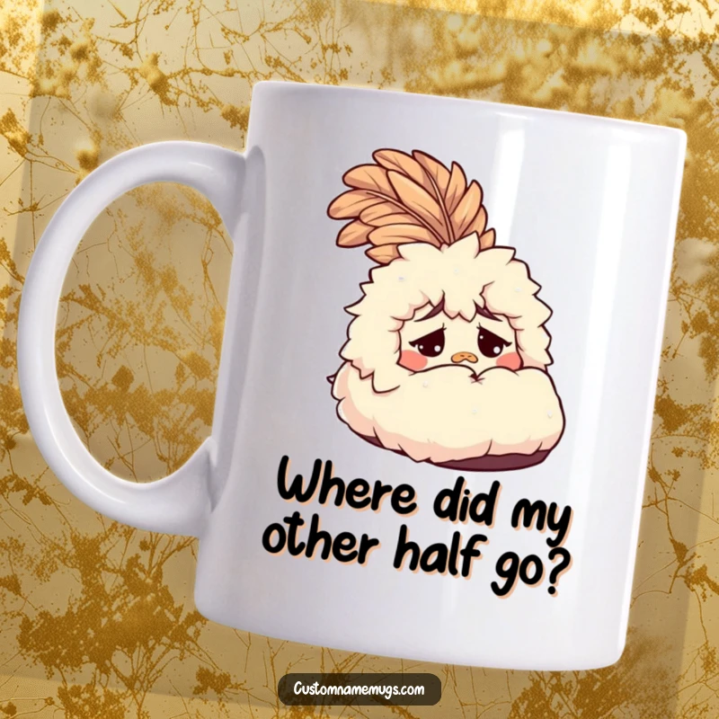 Funny Slipper Mug: A sentient, fluffy slipper character looking utterly confused with a giant feather, perfect for a humorous gift.