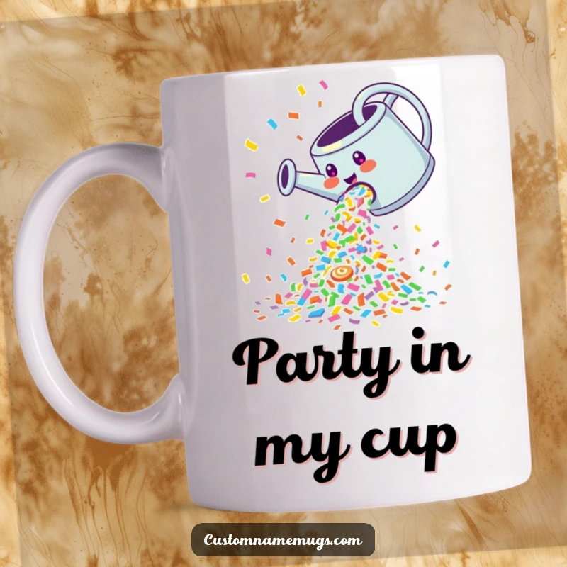 Funny Mug: Giggling watering can pouring a cascade of colorful confetti, spreading joy and celebration.