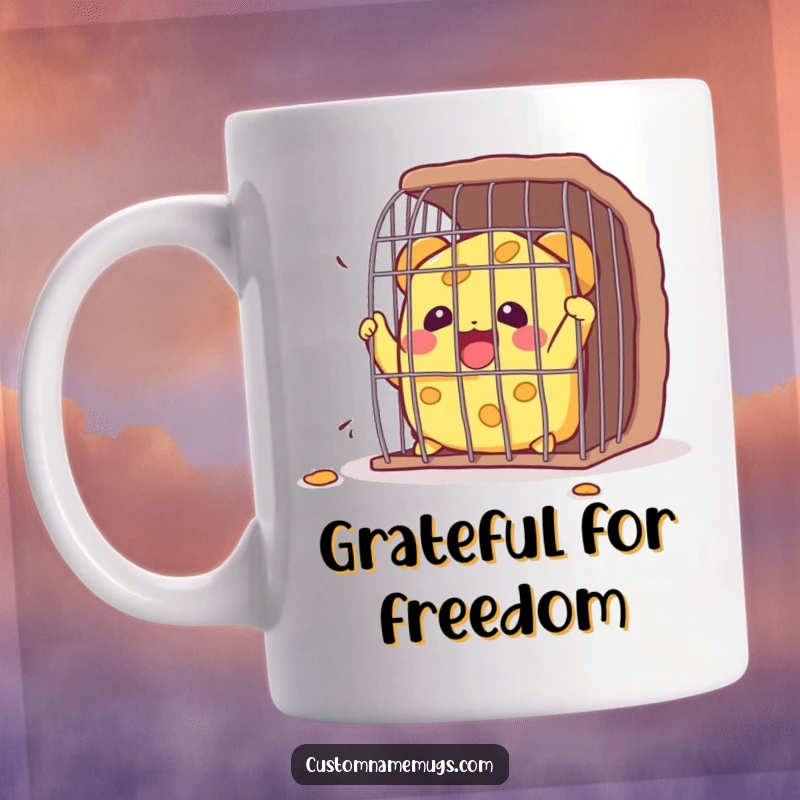 Funny Kawaii cheese wedge character with a determined smile breaking free from a small metal cage, a humorous mug for cheese lovers.