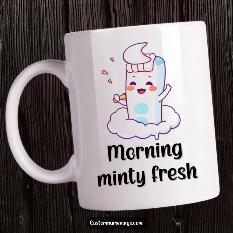 Funny Kawaii toothbrush character energetically scrubbing a fluffy cloud as if it were teeth, a humorous illustration for mugs.