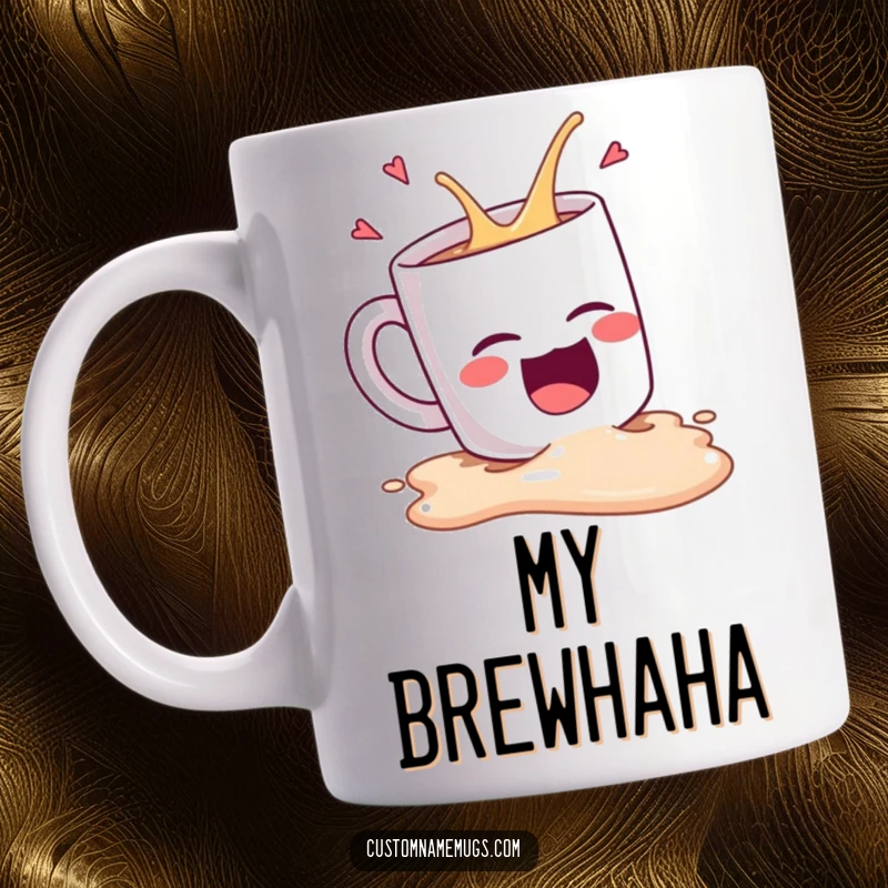 Funny Kawaii coffee mug character comically tipping over and spilling its contents while laughing hysterically, a humorous mug for coffee addicts.