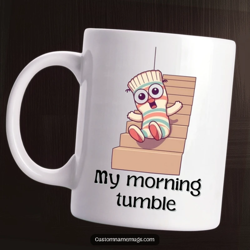 Funny mug featuring a goofy sock character with mismatched eyes hilariously tumbling down a flight of stairs, capturing a moment of pure cartoon chaos.