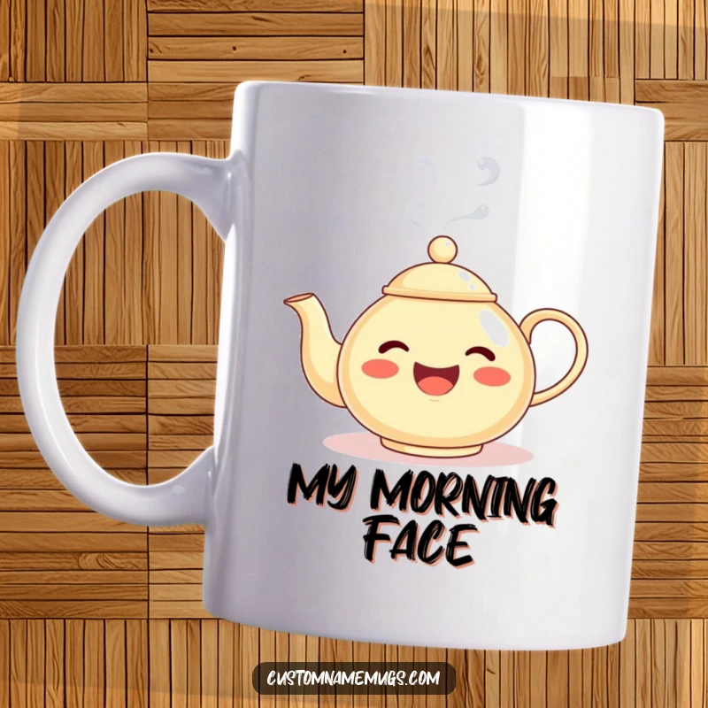 Funny mug featuring a delighted teapot character steaming silly faces, perfect for a humorous and cheerful gift.