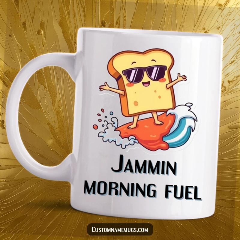 Funny mug with a toast character wearing sunglasses, surfing a giant jam wave, capturing a cool and humorous breakfast scene.
