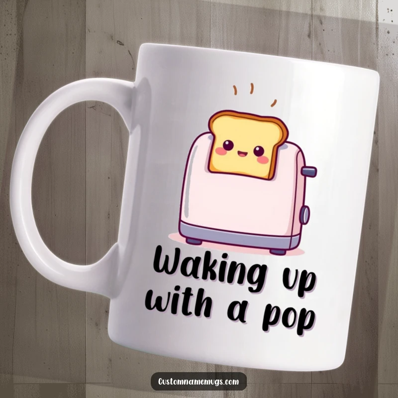 Funny, tiny smiling toast popping out of a toaster with wide-eyed surprise, captured on a mug for breakfast humor.