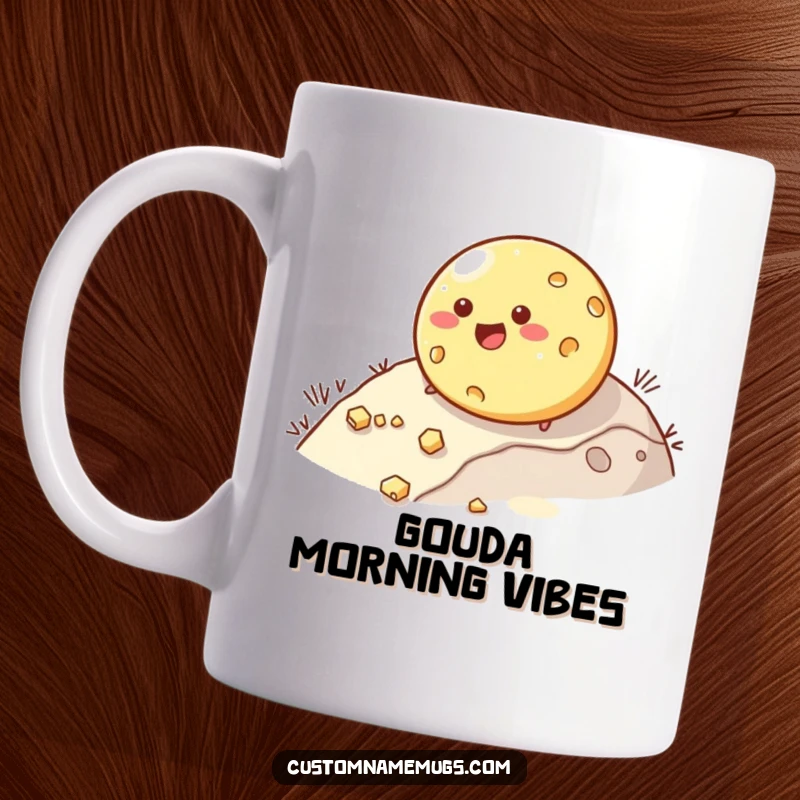 Funny mug featuring a happy, round cheese character rolling down a hill and comically losing pieces. A cheesy delight.