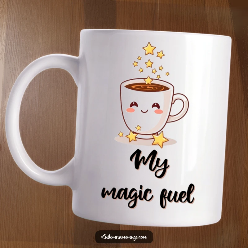 Funny coffee cup mug pouring sparkling stars, symbolizing joy, magic, and a delightful start to the day.