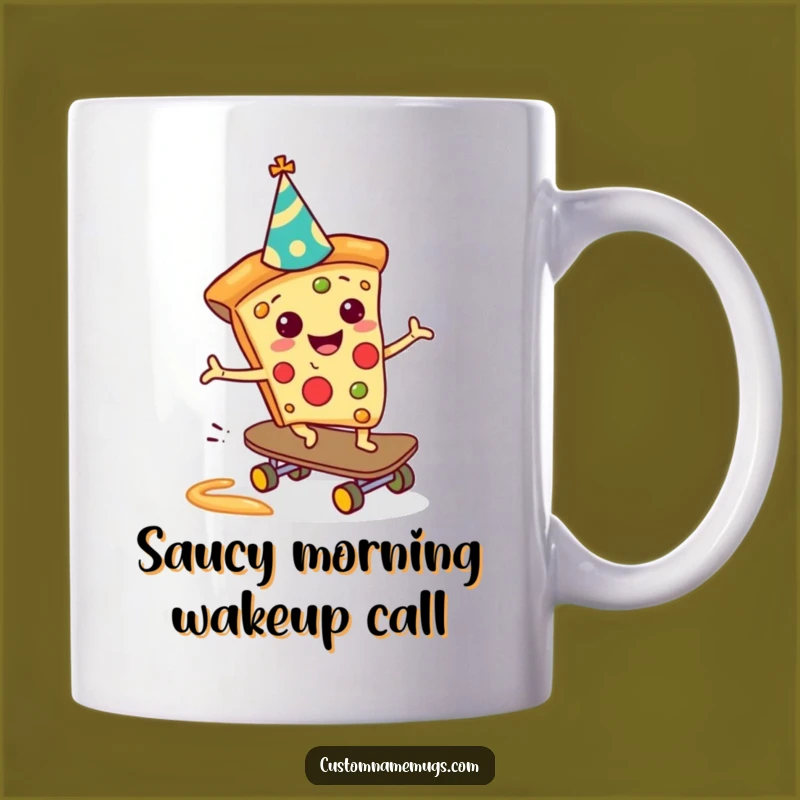 Funny Pizza Skateboarder Mug: Cheerful Slice Riding Saucy Slide, Funny Gift