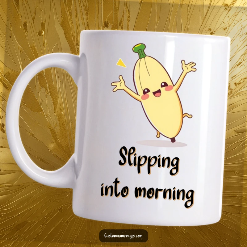 Funny Clumsy Banana Peel Mug: A banana peel slips on itself, arms flailing comically in a hilarious spill.