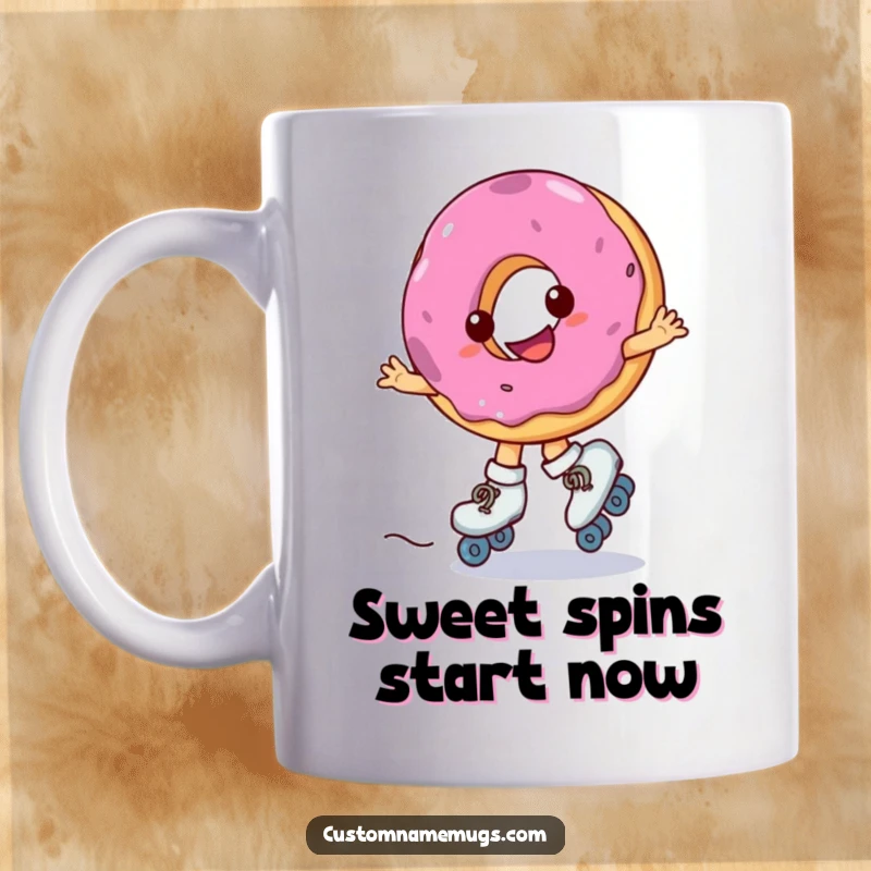 Funny mug featuring a smiling donut wearing roller skates and spinning erratically, a whimsical and humorous treat.