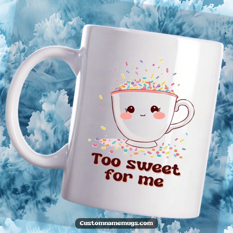 Funny mug with a shy teacup character with rosy cheeks, desperately trying to escape a flood of tiny, colorful sprinkles.