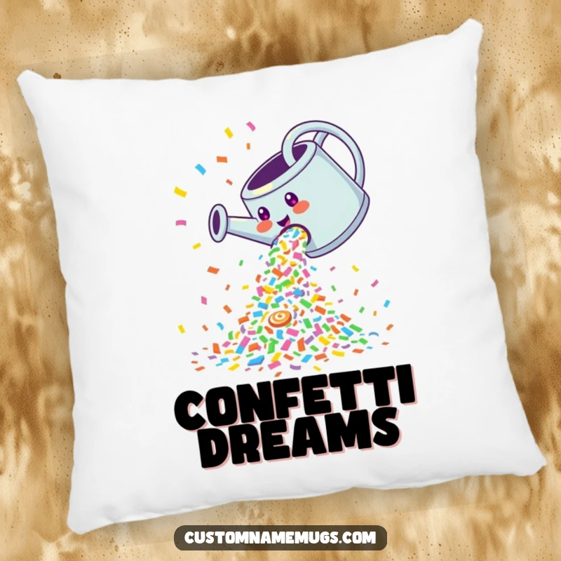 Funny Pillow: Giggling watering can pouring a cascade of colorful confetti, soft and festive decor.