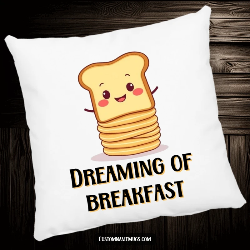 Funny pillow with a smug slice of toast balancing a precarious stack of wobbly pancakes. Soft and humorous decor.