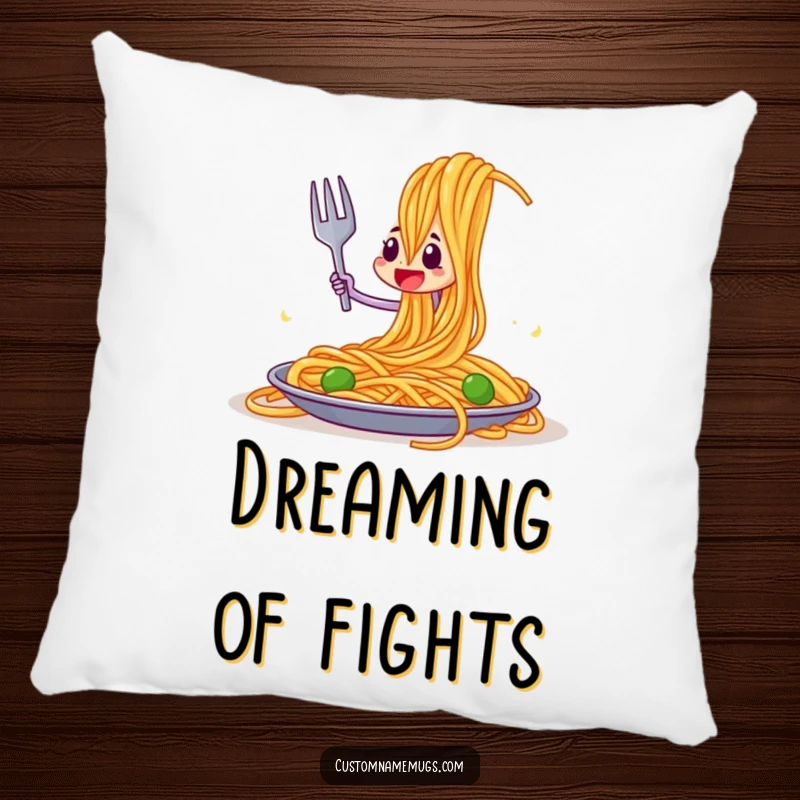 Funny pillow showcasing a brave fork character locked in a comical joust with an oversized spaghetti strand, cozy humor.