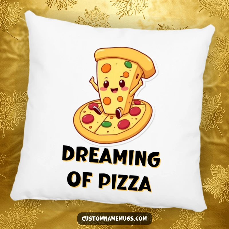 Funny cheese pizza pillow showing a proud cheese slice character falling into a giant pizza, bringing delightful cheesy humor to any room.