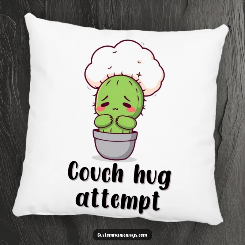 Funny Kawaii cactus character awkwardly hugging a fluffy cloud, a soft and humorous pillow for relaxation.
