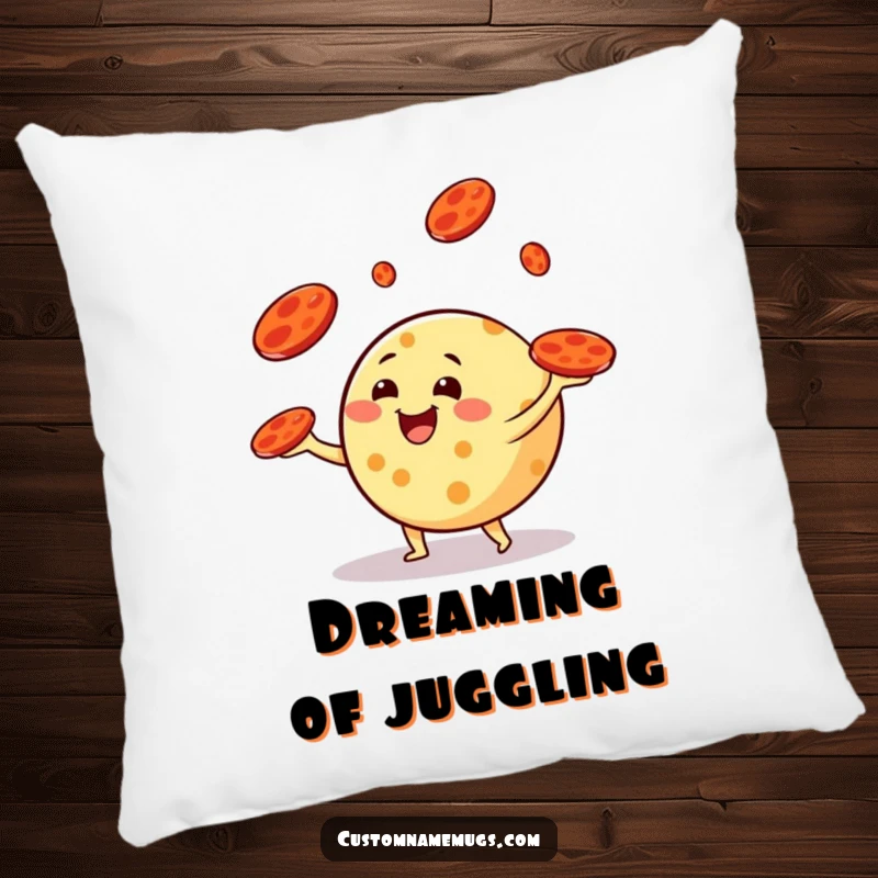 Funny pillow featuring a round cheese character happily juggling pepperoni slices like frisbees, adding humorous comfort to any space.