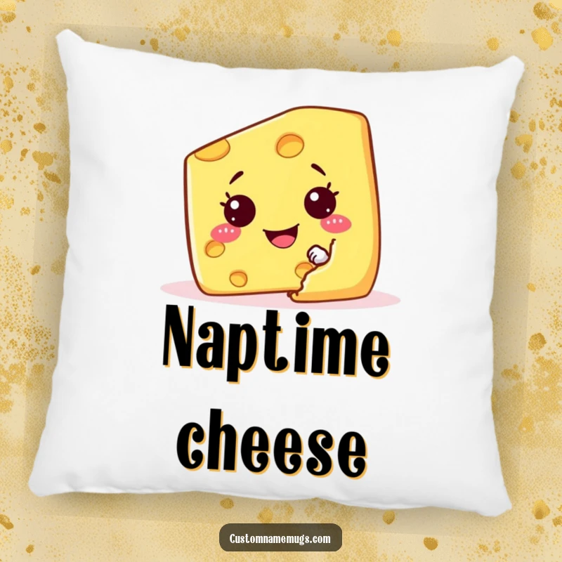Funny pillow showing a mischievous cheese wedge character hiding behind a cracker, for cozy enjoyment.