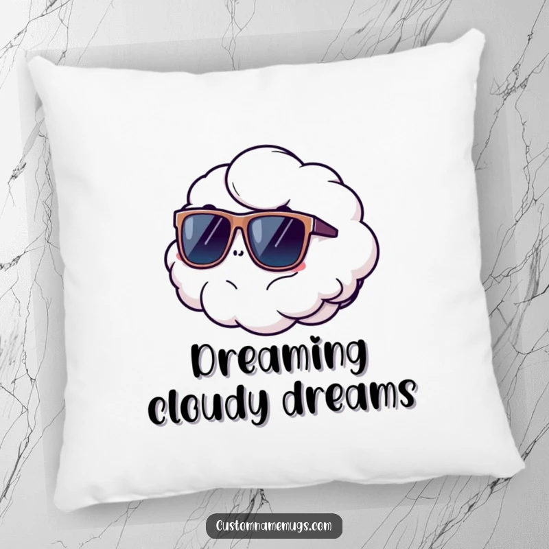 Funny pillow featuring a fluffy cloud comically floating away wearing oversized sunglasses, offering comfort and a humorous, dreamy touch.