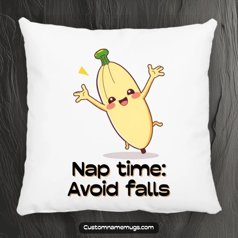 Funny Clumsy Banana Peel Pillow: A banana peel slips comically, offering comfort and humor.
