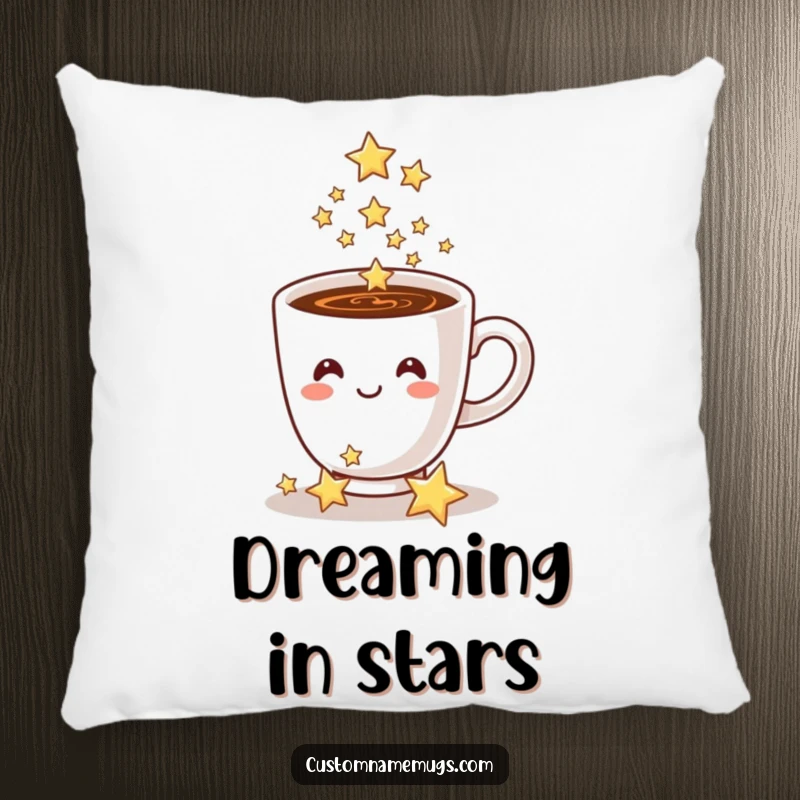 Funny coffee cup pillow, a smiling cup pours sparkling stars, a soft and magical decorative pillow.