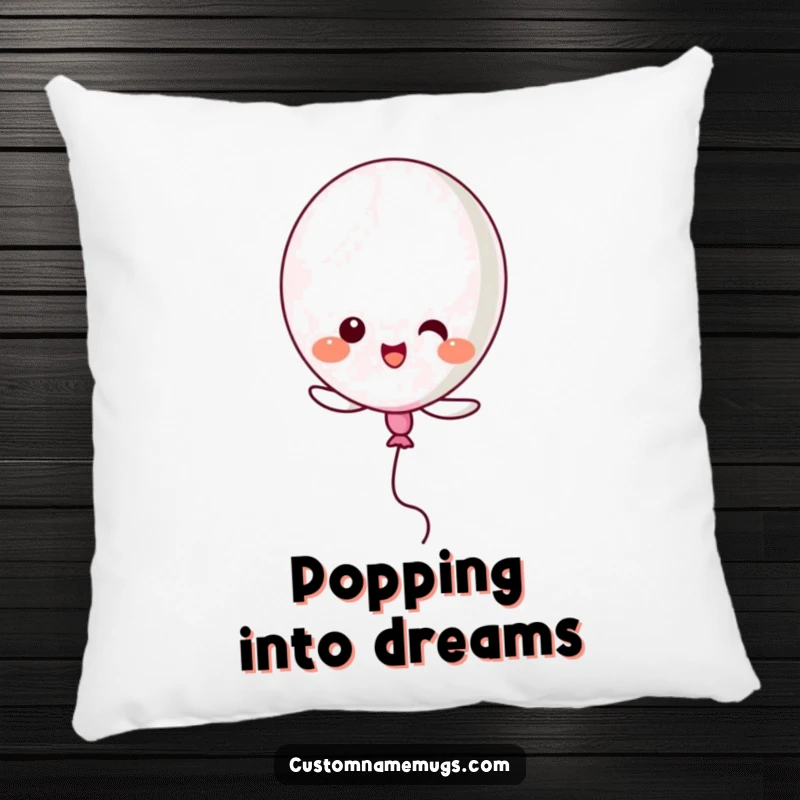 Funny Kawaii balloon character popping itself while attempting to fly, a soft and humorous decorative pillow.