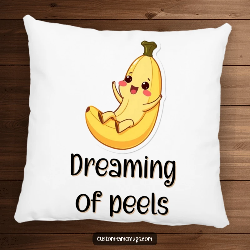 Funny Kawaii banana character having an ecstatic slide down a banana peel, featured on a soft and decorative pillow.