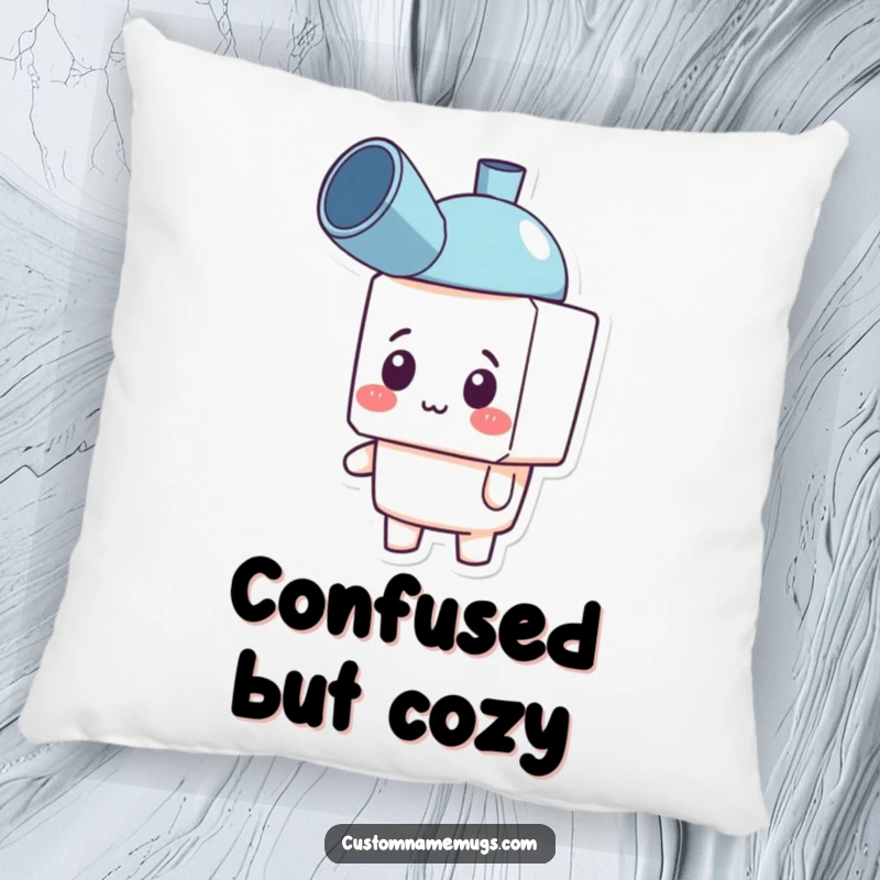 Funny pillow featuring a happy blocky character looking confused while wearing a plunger as a hat, perfect for cozy humor.