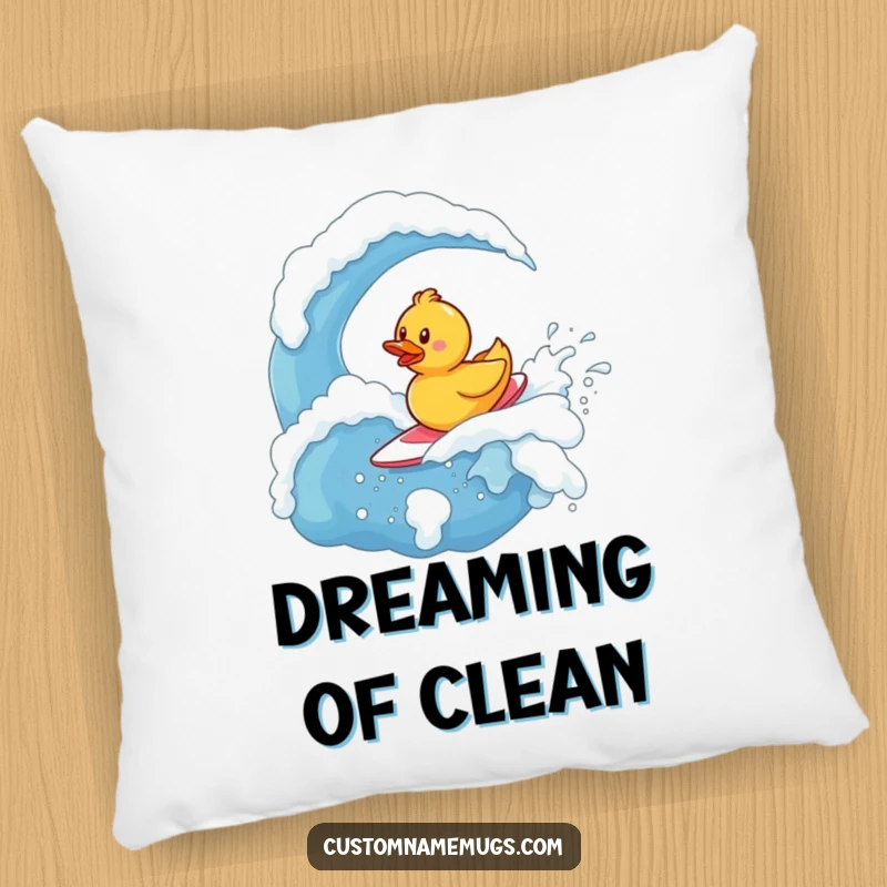 Funny Pillow: Determined tiny rubber ducky character bravely surfing on a giant, bubbly wave of soap, looking cozy.
