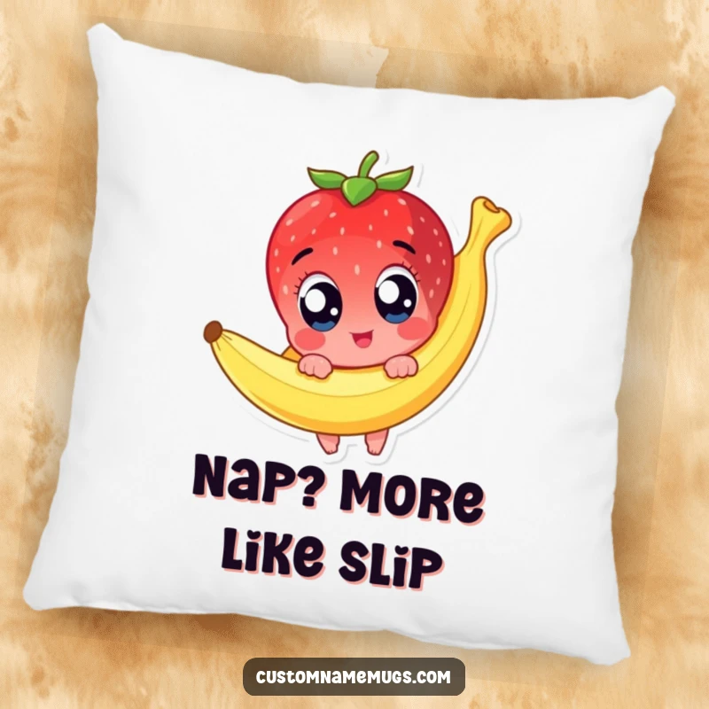 Funny pillow featuring a cute strawberry character with wide, alarmed eyes mid-slip on a banana peel, adding a humorous touch to home decor.