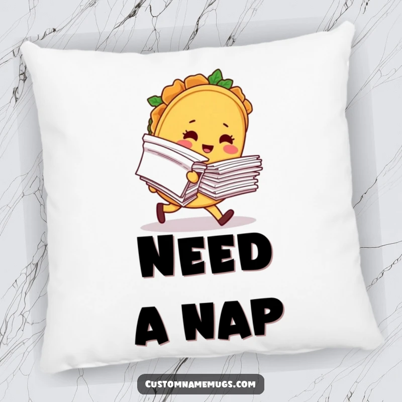 Funny pillow with a blushing taco character comically tripping while holding a giant stack of papers, offering plush comfort and humor.