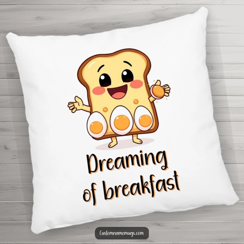 Funny pillow featuring a delighted toast character with a massive grin, skillfully juggling three eggs, bringing cheerful breakfast vibes to any room.