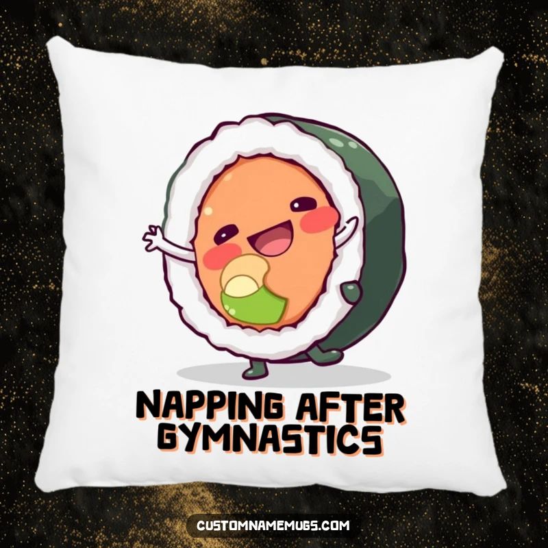 Funny pillow featuring a happy sushi roll character doing a cartwheel and almost falling apart, adding a soft and humorous touch.