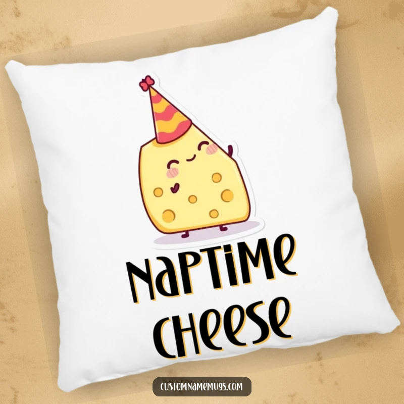 Funny Pillow: Jolly cheese wedge attempting to balance a tiny party hat, soft and festive decor.