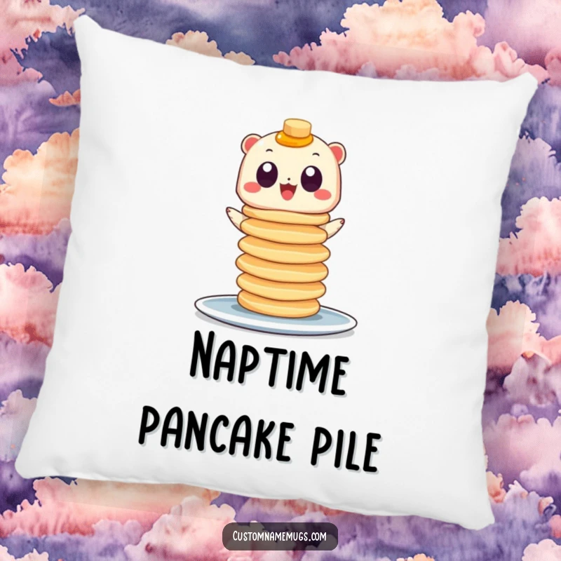 Funny decorative pillow featuring a googly-eyed creature balancing a tall stack of pancakes, adding whimsical comfort to any room.