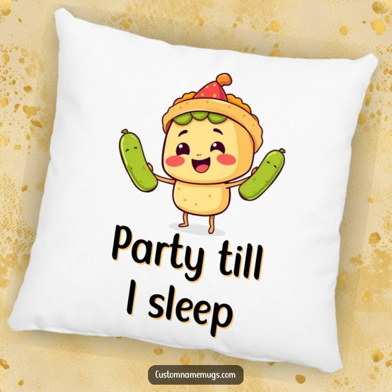 Funny Pillow: A smiling taco wearing a party hat juggles three comically large pickles, showing humorous fiesta spirit.