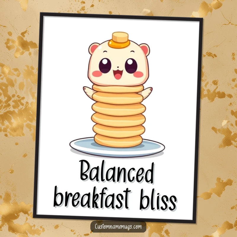 Funny digital art print of a small creature with googly eyes balancing a towering stack of pancakes, capturing the fun of breakfast.