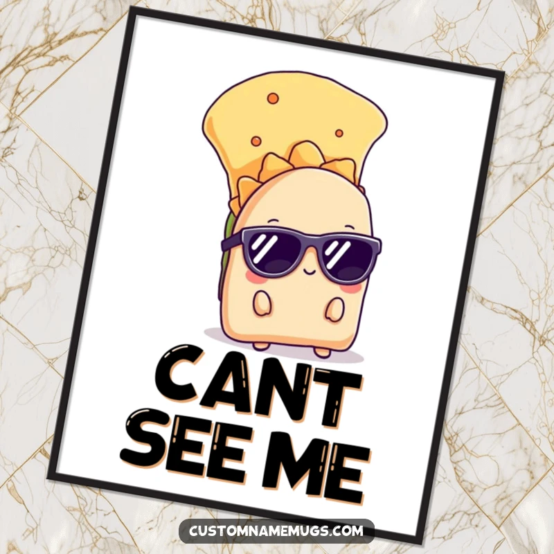 Funny digital art print of a shy taco wearing sunglasses, peeking from behind a chip, offering instant cool and humorous wall art.