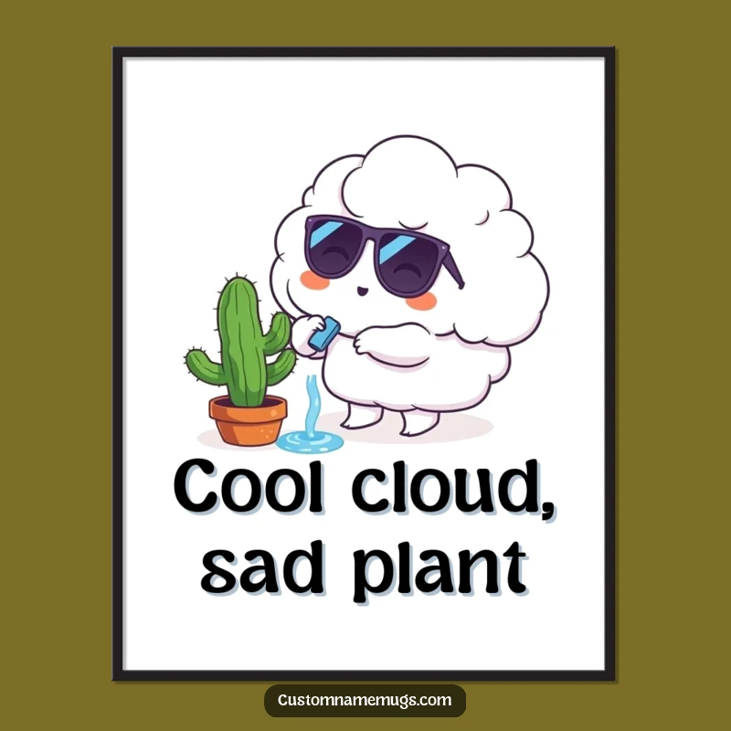 Funny Digital Art: Cloud Character Cactus Print, Instant Whimsical Decor Gift