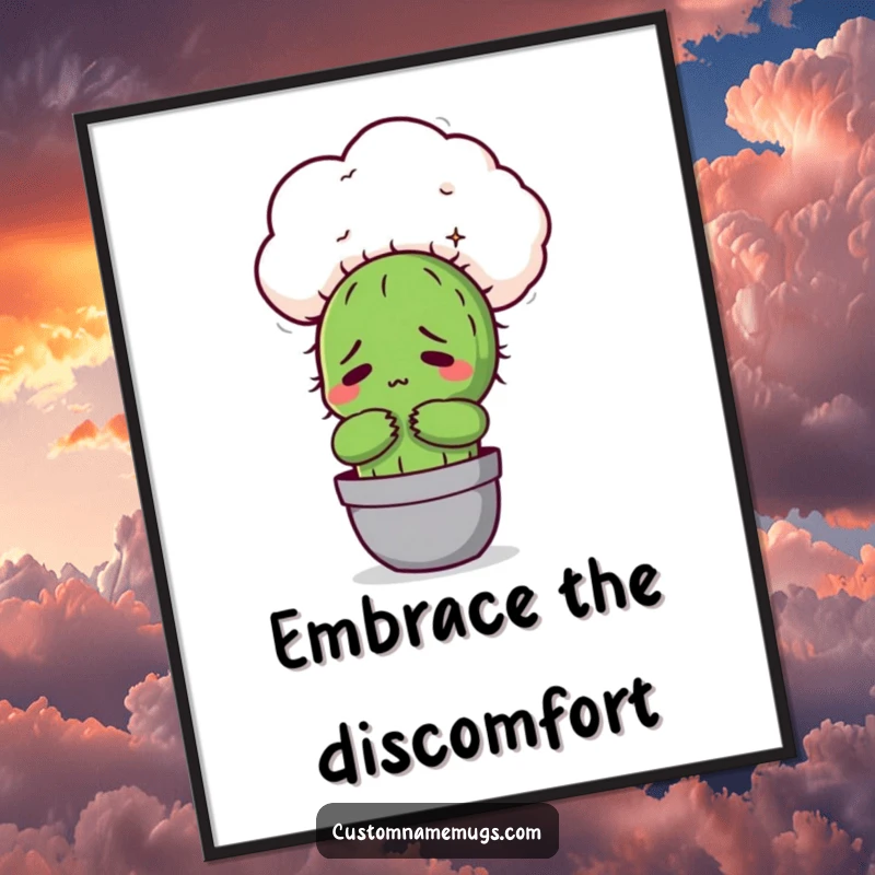 Funny Kawaii cactus character awkwardly hugging a fluffy cloud, a humorous digital art print for home decor.