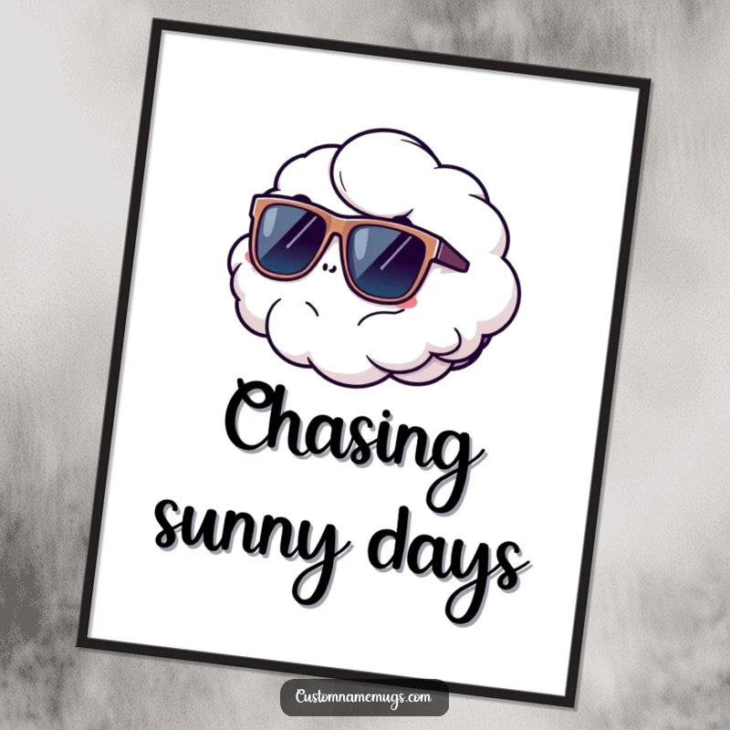 Funny digital art print of a fluffy cloud comically floating away wearing oversized sunglasses, capturing a humorous moment of carefree escape.