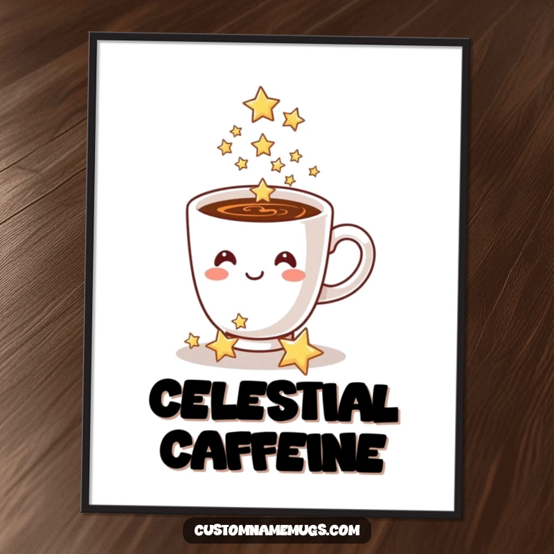 Funny coffee cup digital art print, a smiling cup pours sparkling stars, for instant magical decor.