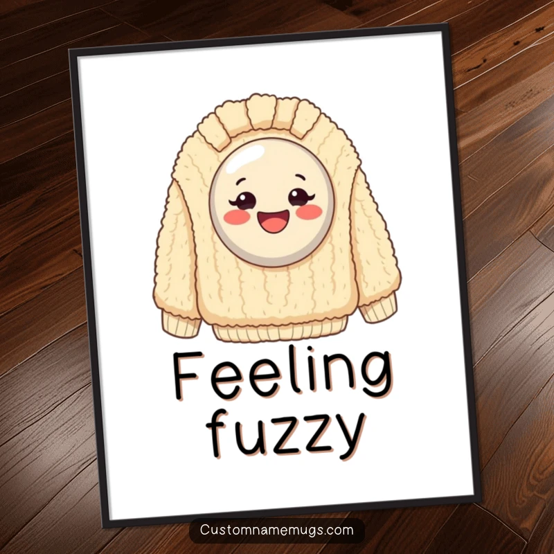 Funny Digital Art Print: Exaggeratedly happy button stuck on a giant, fuzzy sweater, perfect for cozy, humorous decor.