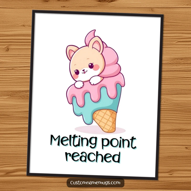 Funny digital art print of a cute animal character hilariously slipping on a giant, melting ice cream cone, perfect for whimsical decor.