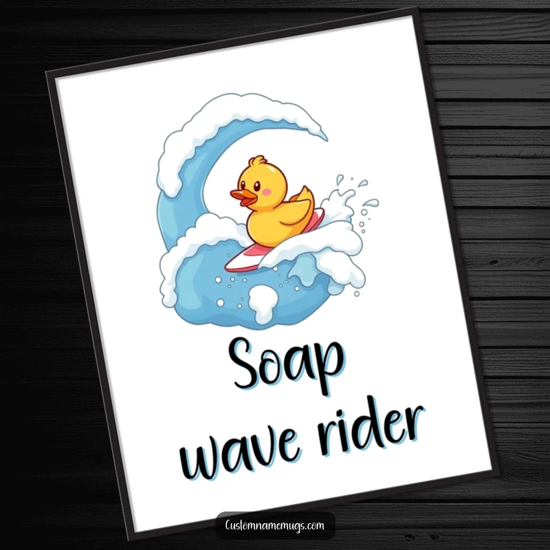 Funny Digital Art Print: Tiny, determined rubber ducky character bravely surfing a giant, bubbly wave of soap, looking focused.